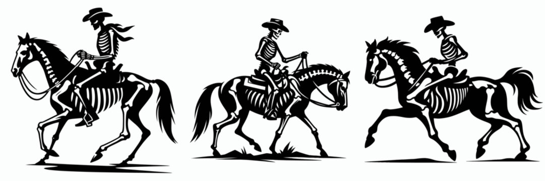 Skeleton as cowboy Saddling a horse. Halloween Skull Bones Clipart Line Art Vector Illustration. Bone figure rancher mounting steed western theme illustration.