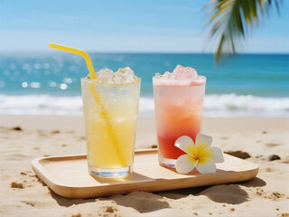 yellow and pink drinks on beach