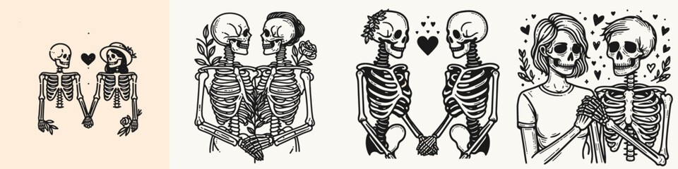 Skeleton couple holding hands Valentine. Halloween Skull Bones Clipart Line Art Vector Illustration. Dead pair grasp palm loving day bony figure romantic holiday decor.