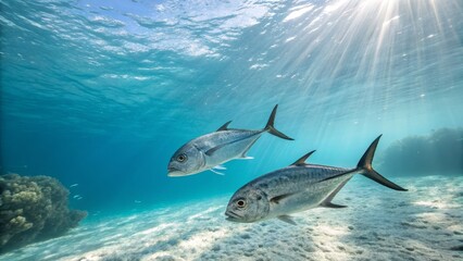 Fototapeta premium Underwater Duo Two Jacks in Sunlit Reef, Ocean Photography, Fish , Marine Life
