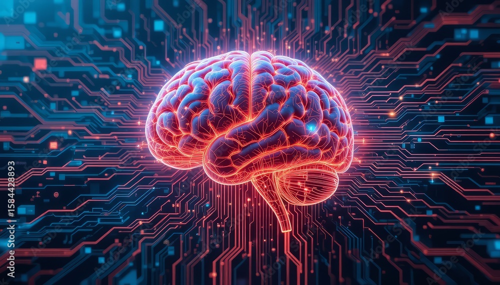 Poster visualize the intelligence of ai with this glowing blue circuit brain perfect for machine learning, 