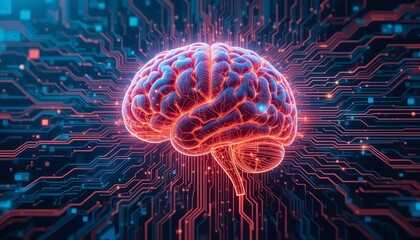 Fototapeta premium Visualize the intelligence of AI with this glowing blue circuit brain perfect for machine learning, digital transformation, and tech content