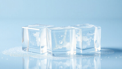Three Ice Cubes with Dew Drops and Cold Mist on Glossy Background
