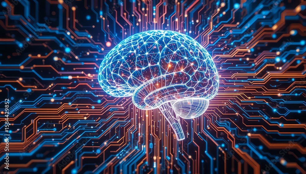 Aufkleber visualize the intelligence of ai with this glowing blue circuit brain perfect for machine learning, 
