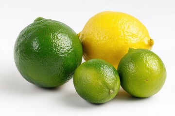 Fresh citrus arrangement: large limes, yellow lemon, small green lemons, white background flat lay, bright shadowless, cooking ingredients