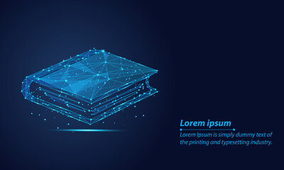 Abstract Low-poly wireframe glowing digital online book.polygonal image of a notebook on a dark blue background,  futuristic knowledge, e-learning, and technology in education.