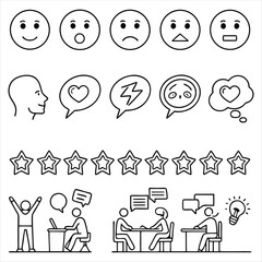 Business Teamwork Communication Icons Set – Creative Line Art Illustrations of Brainstorming, Feedback, Collaboration, and Idea Sharing for Office