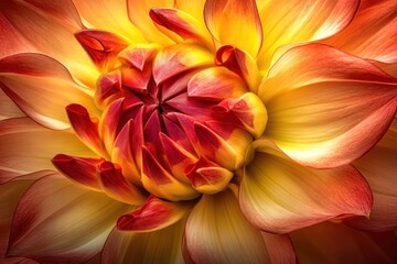 Floral portrait of red and yellow dahlia, dramatic lighting, elegant and vivid