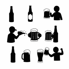 Fototapeta premium Beer Icons Set: Silhouettes of Bottles, Mugs, and People Drinking Beer