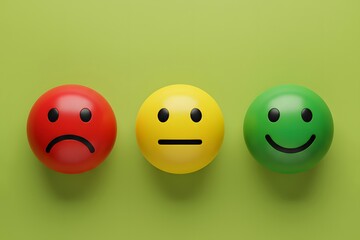 Three emoji faces representing sad, indifferent and happy. Concept for customer feedback, satisfaction ratings and emotional response or survey results.