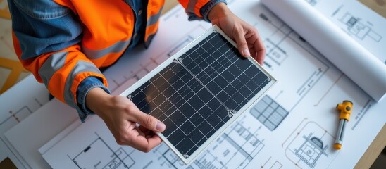Person examining a solar panel over architectural blueprints.