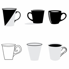 A stylish collection of six monochrome coffee cup icons in varied shapes and styles. Perfect for café branding, print, or digital design.