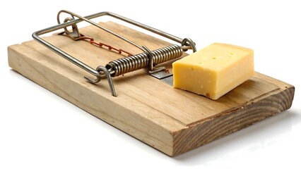 Classic wooden mousetrap with a piece of cheese bait on a white background