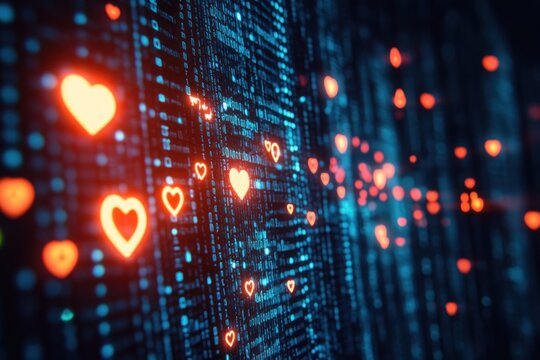 Floating social media icons--like, heart, follower--rising through glowing interface code - Powered by Adobe