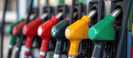 Fuel pump nozzles in various colors at a gas station.