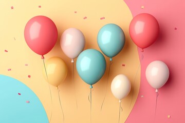 Flat vector graphic with 3D-style balloons, vibrant color scheme, birthday typography