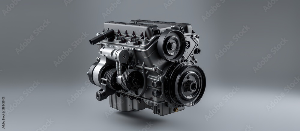 Poster 3d rendering of a mechanical engine component in black finish.