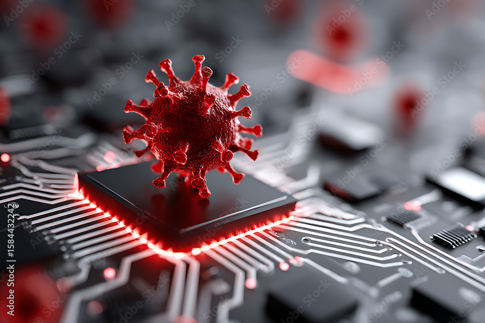 Poster detailed visual representation of a virus on a microchip illustrating technological advancements in 