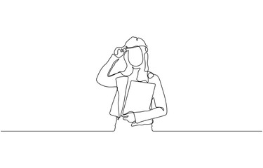 Continuous one line art drawing of female civil engineer vector illustration, Female construction worker, woman job professional industry helmet hat engineer one line drawing vector.