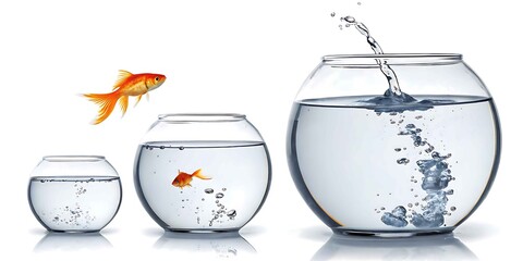 Goldfish jumping from small bowl to larger bowl with splashing water