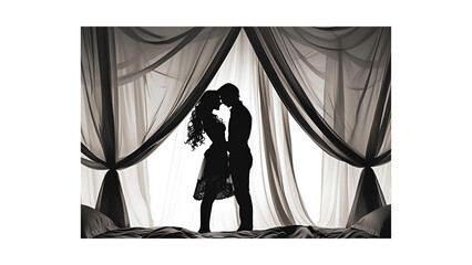A silhouette showcases a loving couple embracing intimately amidst draped fabric...