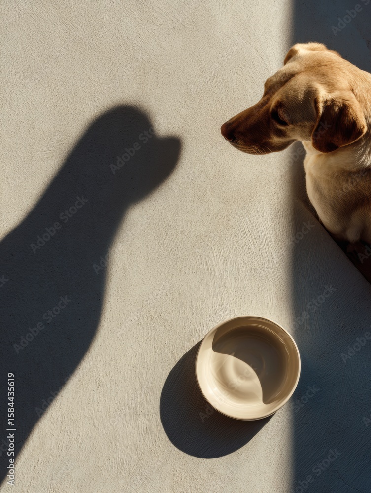 Poster labrador gazes at empty bowl with food shadow shape in bright light setting