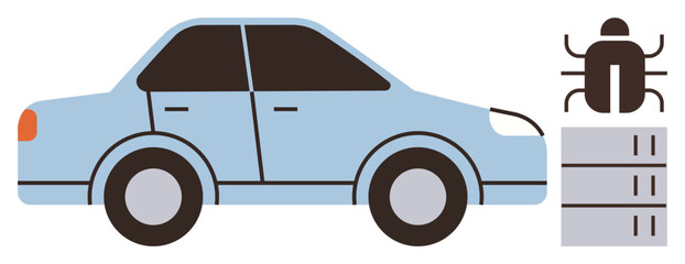Naklejka premium Blue car with server stack and bug icon representing technology, connectivity, and cybersecurity. Ideal for innovation, autonomous vehicles, data safety, hacking risks, AI development, IoT simple