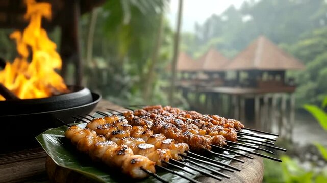 Grilled satay skewers with fire background amidst lush tropical scenery outdoor restaurant