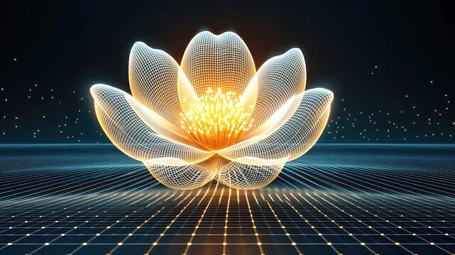 Glowing wireframe flower on gridded plane