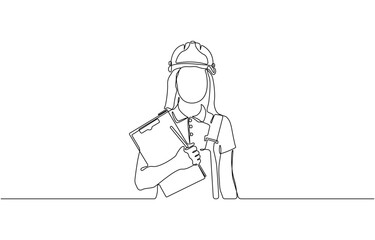 Continuous one line art drawing of female civil engineer vector illustration, Female construction worker, woman job professional industry helmet hat engineer one line drawing vector.