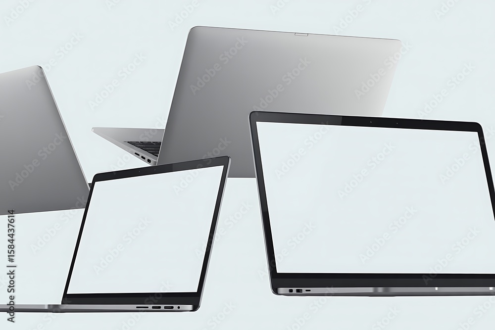Fototapete Modern sleek laptops open on a clean bright background showcasing their blank screens ready for work or creativity a stylish collection of portable computing devices