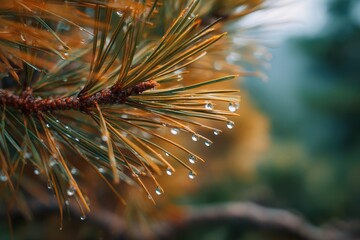 Close up of yellow pine needles with dew in nature