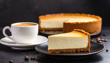 A slice of cheesecake on a plate, accompanied by a cup of coffee, set against a dark background.
