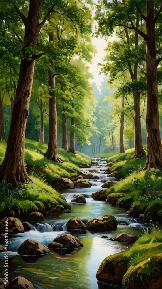Aufkleber lush green forest with a shallow stream cascading over smooth rocks, sunlight filtering through tall