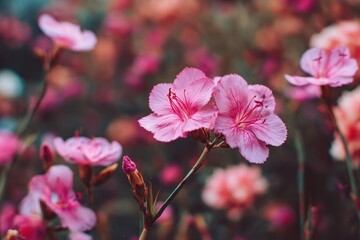 Fototapeta premium Closeup of delicate pink blooms among more pink flowers