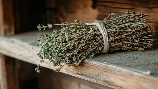 Dried thyme bundle on rustic wooden shelf