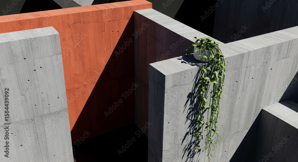 Poster potted plant with trailing vines sits atop a concrete wall in a maze-like structure with orange and 