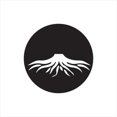 Minimalist tree root silhouette inside solid black circle