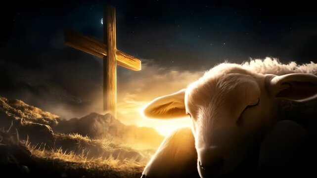 Glowing cross stands hill night moon sky with peaceful lamb resting foreground, symbolizing Christian faith, sacrifice, hope, and devotion serene glowing landscape with spiritual symbolism