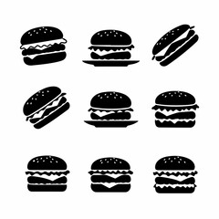 Collection of Black Silhouette Hamburger and Hot Dog Icons on White Background