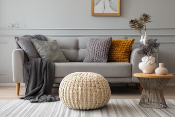 Contemporary living room featuring a couch ottoman and plush cushions