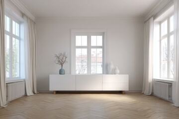 Fototapeta premium Contemporary white cabinet on wooden floor in a light room