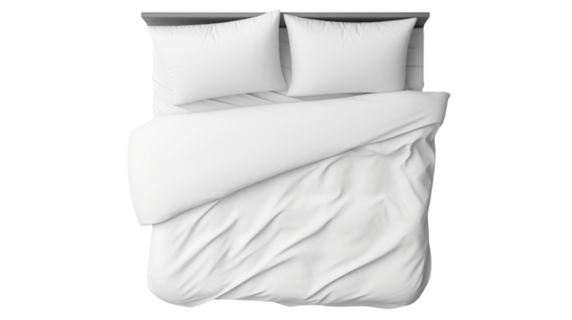 Crisp white bedding showcases comfort and simplicity on a bed against a transparent backdrop