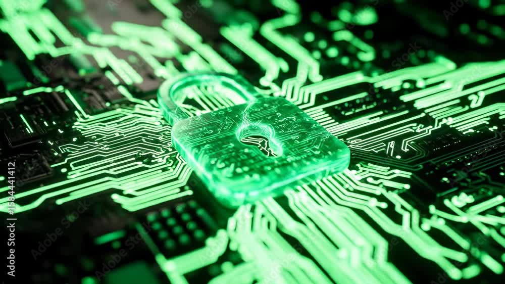 Aufkleber glowing green padlock circuit board cybersecurity data protection encryption technology secure netwo