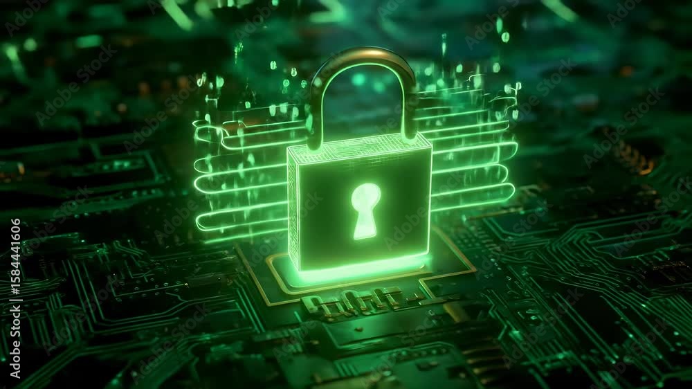 Aufkleber glowing green padlock digital circuit board cybersecurity data protection encryption secure technolo