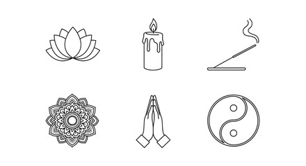 Collection of spiritual symbols including lotus candle incense mandala prayer and yin yang icons