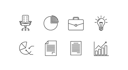 Office icons depicting a chair, charts, briefcase, bulb, documents, and rising bar graph trend