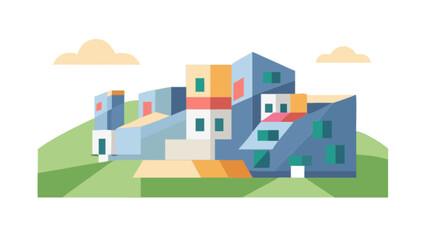 Obraz premium Illustration of modern architecture buildings on a hill with clouds in the sky vector design art