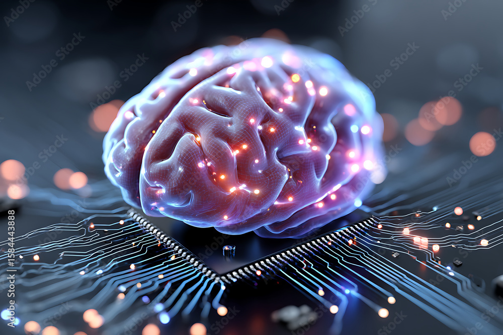 Poster digital brain connected to circuits illustrates artificial intelligence innovation in technology