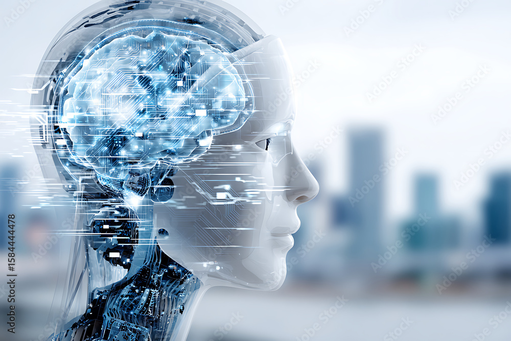 Aufkleber futuristic robot with transparent head showcasing advanced brain technology in urban environment
